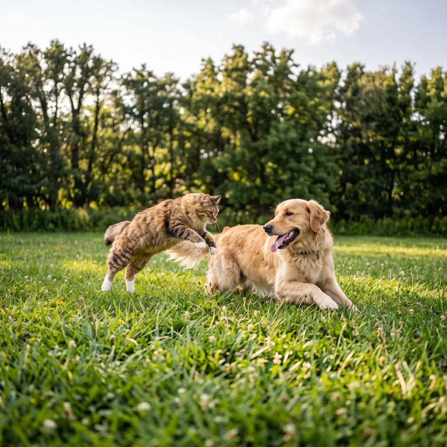 芝生の上で過ごす犬と猫